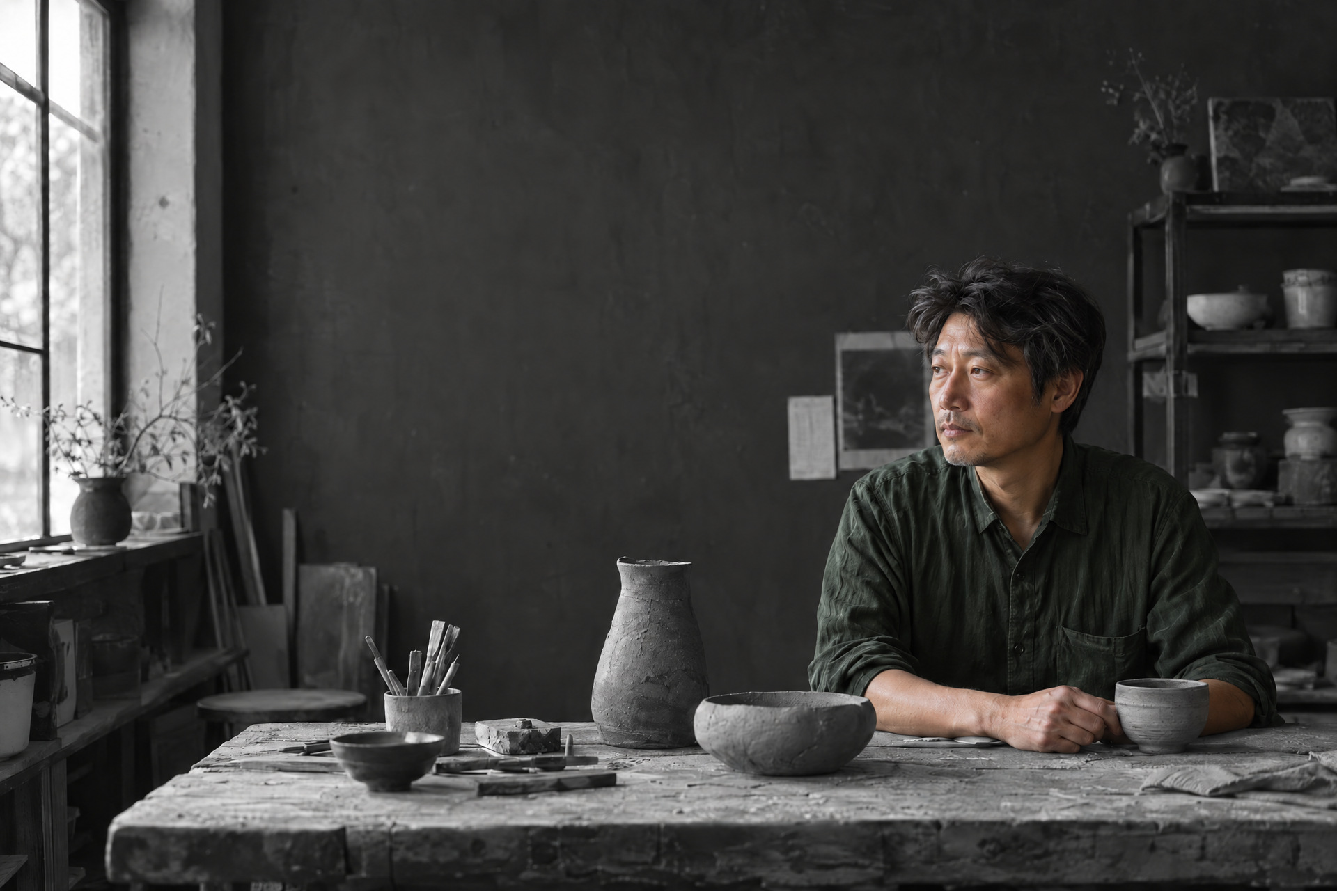 獨立概念研究：陶藝工作室人像，以黑白階調呈現側窗光與人物凝視